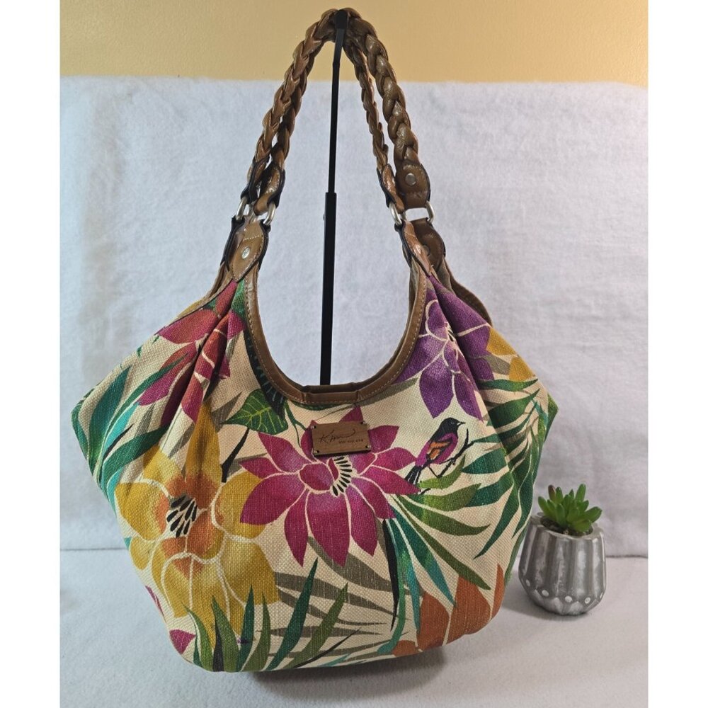 Kim Rogers Womens Multicolor Floral Canvas Shoulder Bag Braided Leather Handle